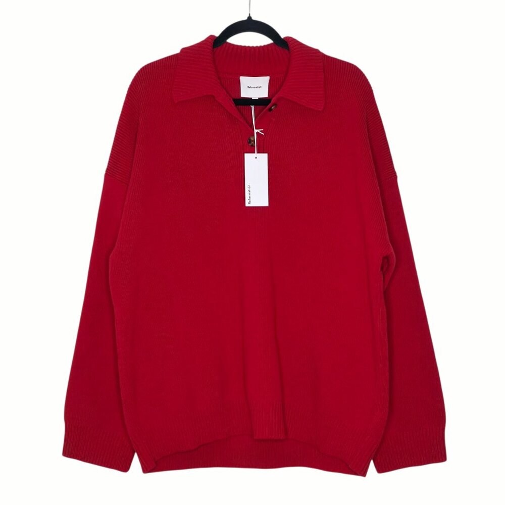 Reformation Brooklyn Sweater Sundried Tomato Red Cotton Polo Henley‎ Size L NWT - Picture 3 of 11